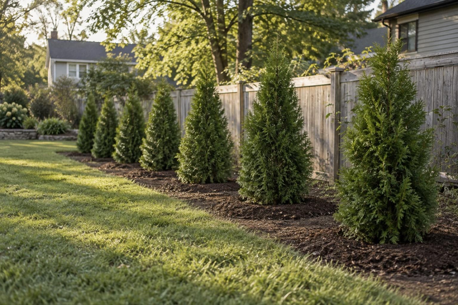 Newly planted row of arborvitae along a backyard fence
