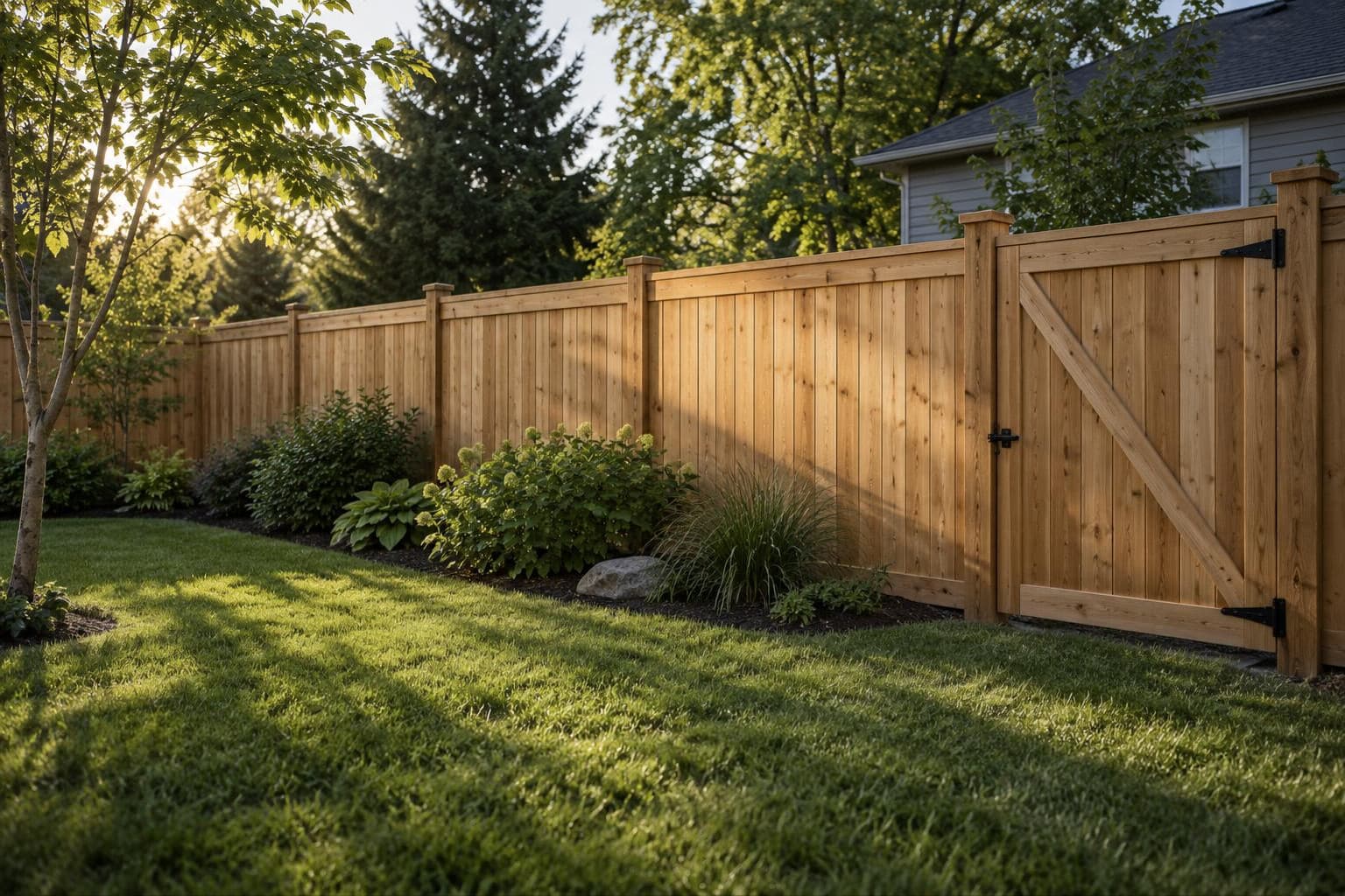 New cedar privacy fence and gate along a backyard lawn