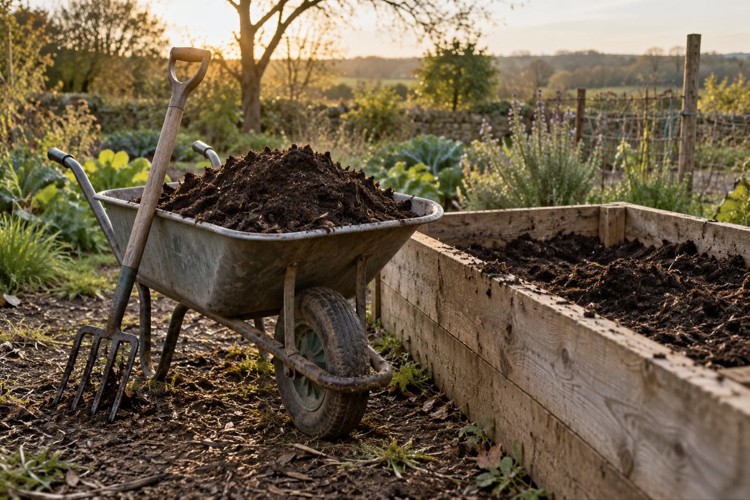 Wheelbarrow of dark compost beside a half filled wooden raised bed