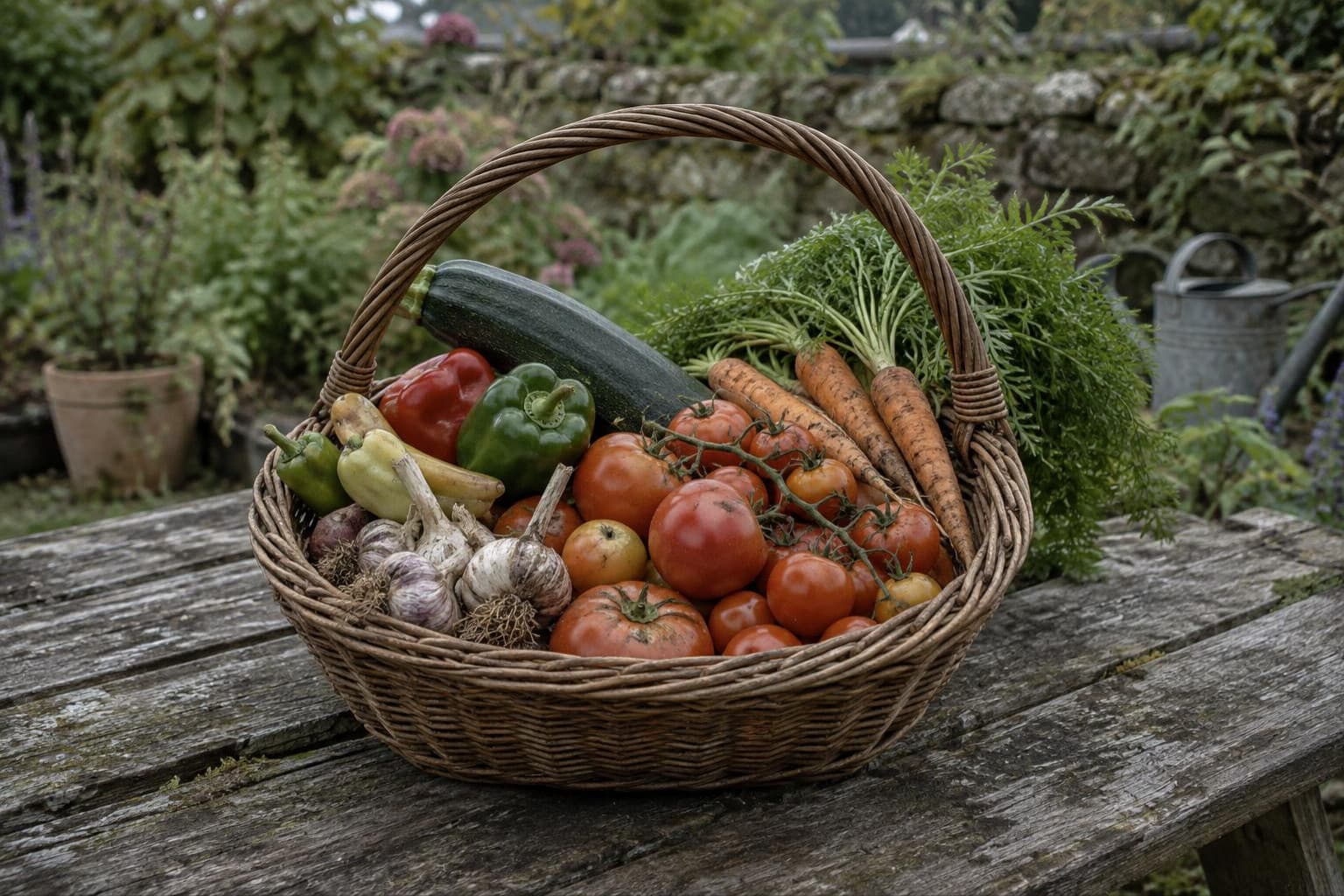 Harvest basket with tomatoes, peppers, carrots, garlic and a zucchini on a garden table