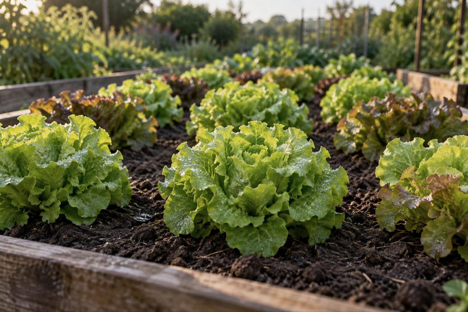 Heads of lettuce spaced in rows in a raised bed, morning dew