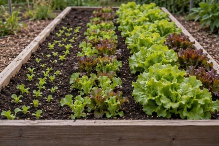 One bed of lettuce at three growth stages, from seedlings to full heads