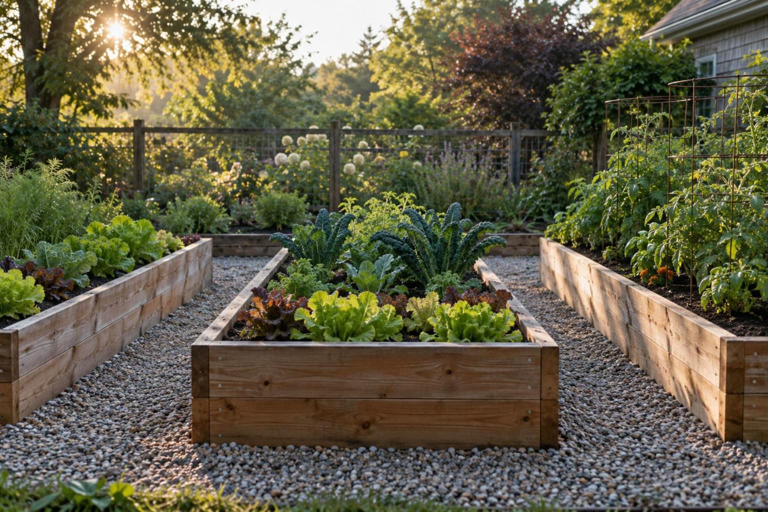 Cedar raised beds with lettuce, kale and tomatoes in early morning light