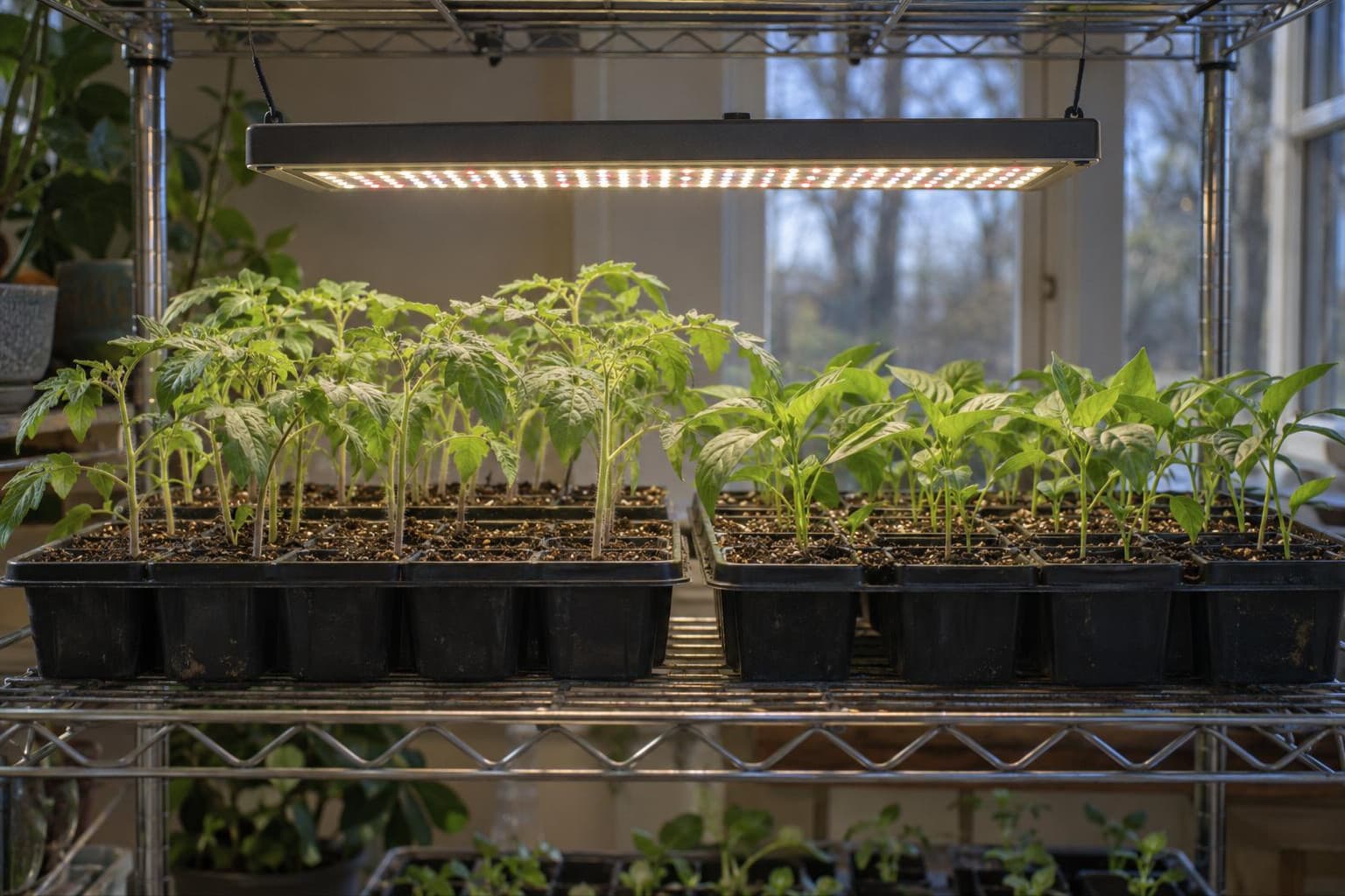 Tomato and pepper seedlings in trays under an LED grow light