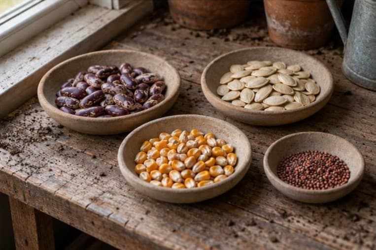 Bean, squash, corn and radish seeds in small clay dishes on a potting bench