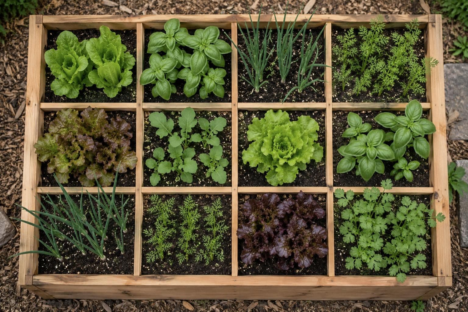 Raised bed divided into square foot sections, each planted with a different vegetable or herb