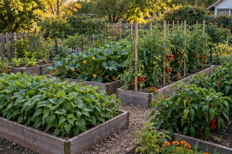 Family vegetable garden in summer with beans, zucchini, staked tomatoes and peppers
