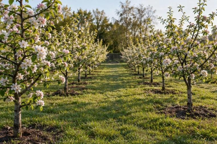 Rows of young apple trees in blossom with grass alleys